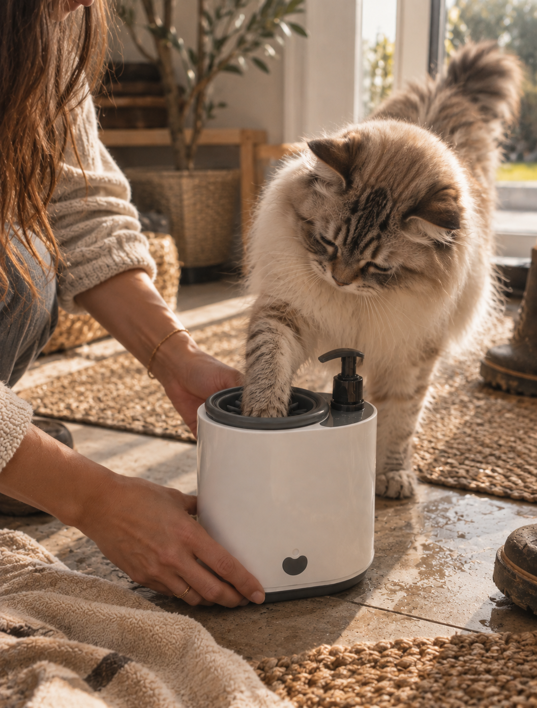 Woman cleaning a dog's paw at home with the Wayloa Electric Dog Paw Cleaner