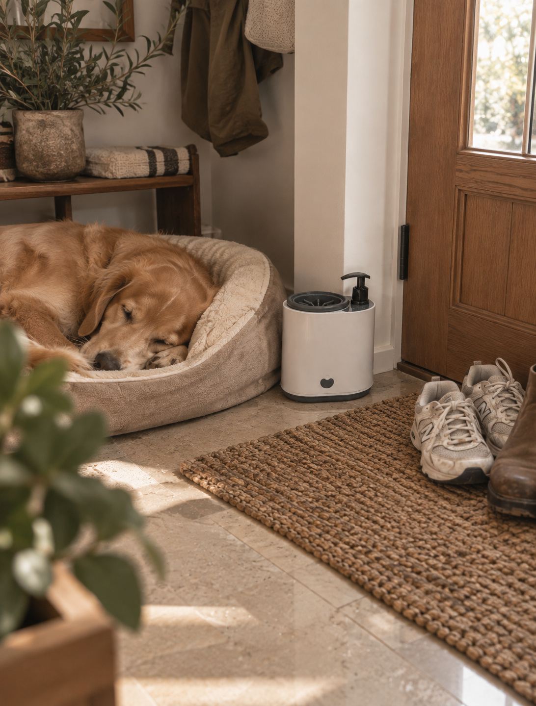 Wayloa Electric Dog Paw Cleaner by the front door next to a sleeping golden retriever