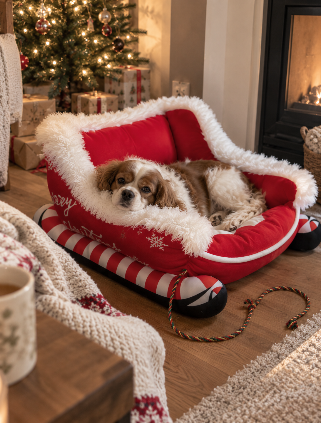 Small dog cozy in the red Wayloa Christmas Sleigh Dog Bed under a blanket
