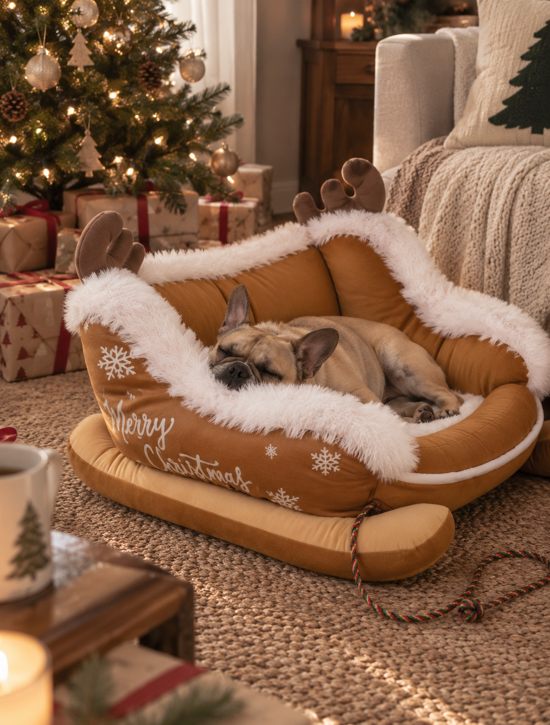 French bulldog sleeping in the beige Wayloa Christmas Sleigh Dog Bed with reindeer antlers