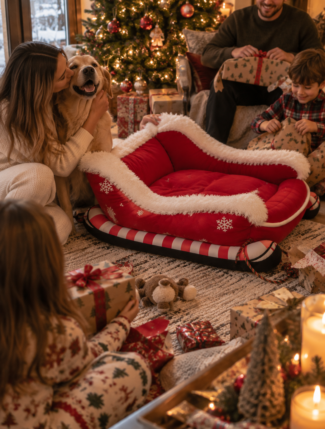 Family opening gifts by the red Wayloa Christmas Sleigh Dog Bed with their dog