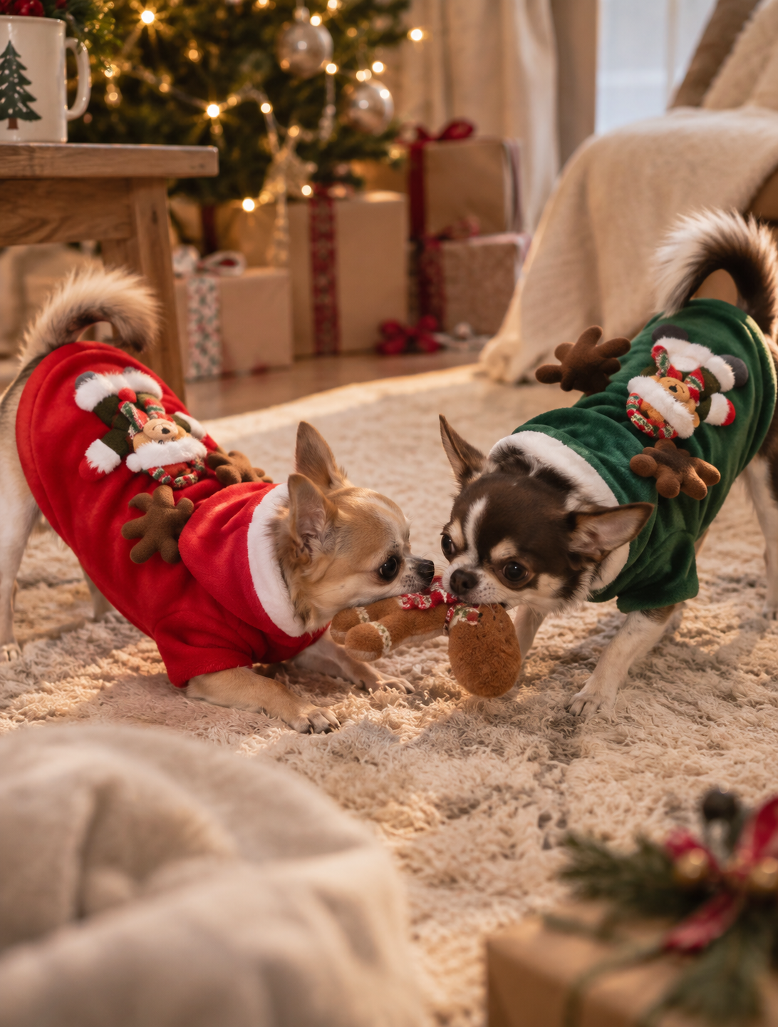 Two Chihuahuas playing in red and green Wayloa Christmas Dog Jumpers by the Christmas tree