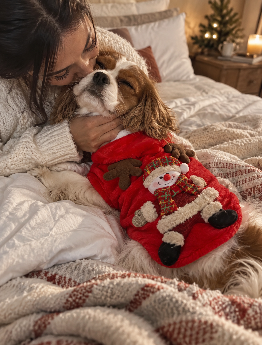 Woman hugging a Cavalier King Charles spaniel in the red Wayloa Christmas Dog Jumper with snowman design