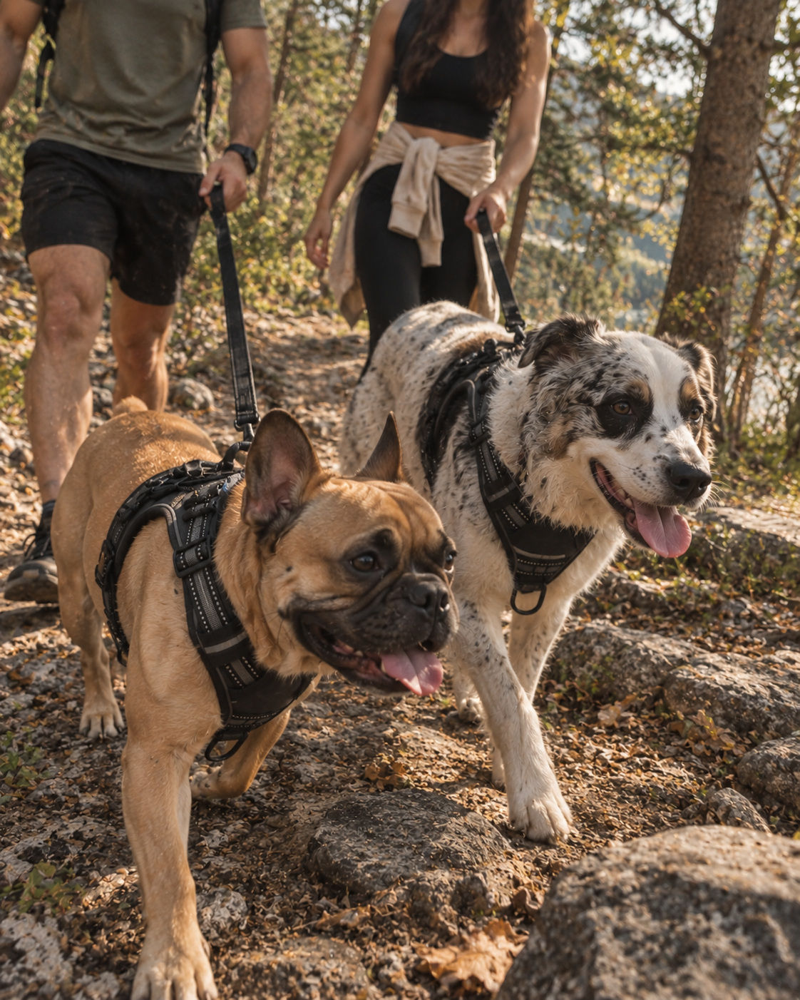 Two dogs in black Wayloa Anti-Pull Dog Harnesses walking with their owners on a forest trail