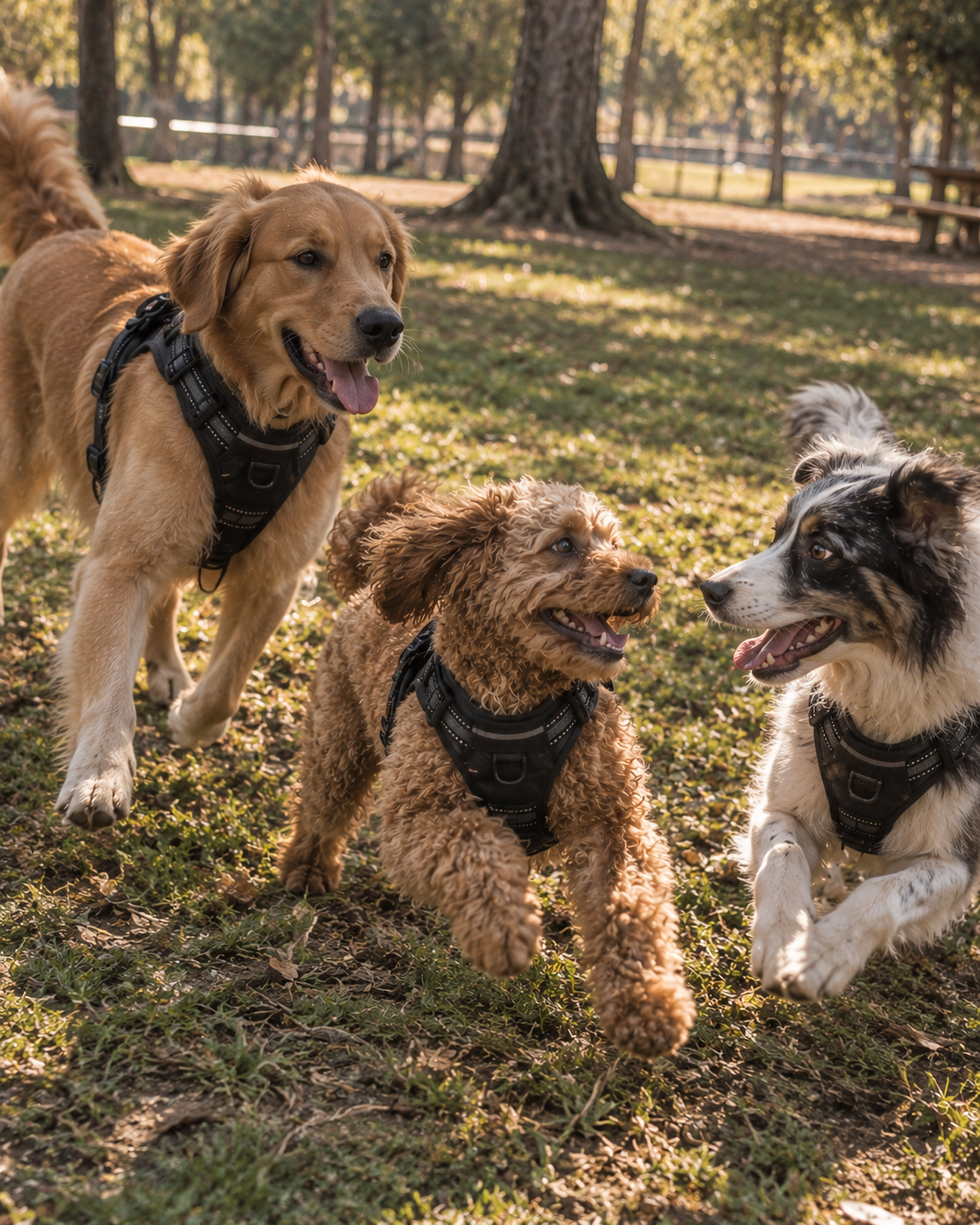 Dogs playing in a park wearing black Wayloa Anti-Pull Dog Harnesses