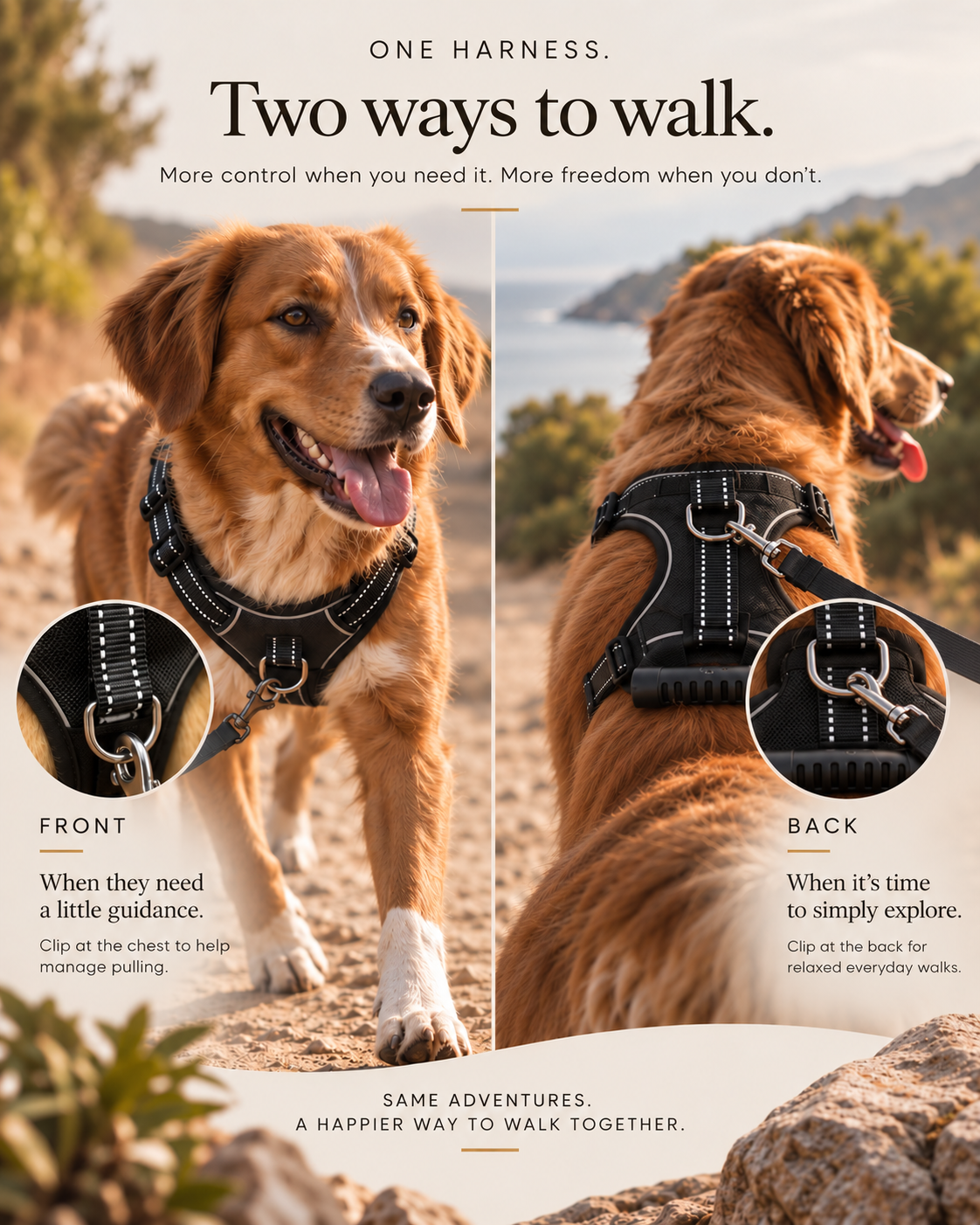 Wayloa Anti-Pull Dog Harness with front and back leash clips for two ways to walk