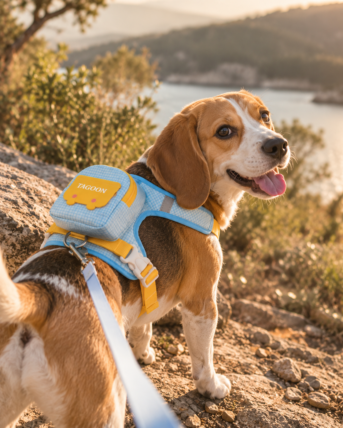 Beagle on a coastal trail in the Wayloa 3-in-1 Dog Backpack Harness and lead