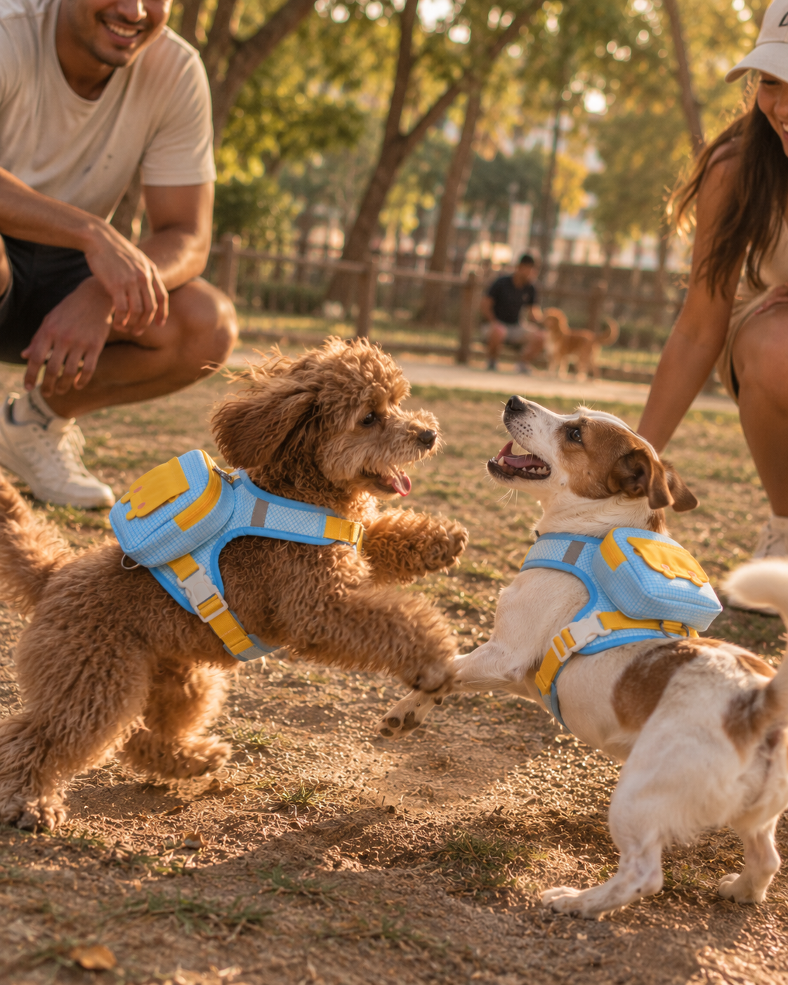 Owner with a fluffy dog wearing the Wayloa 3-in-1 Dog Backpack Harness outdoors