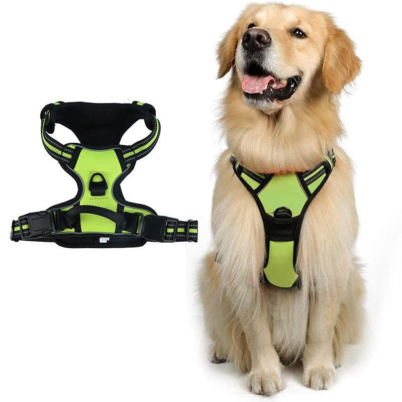Wayloa Anti-Pull Dog Harness in green, shown alone and worn by a golden retriever
