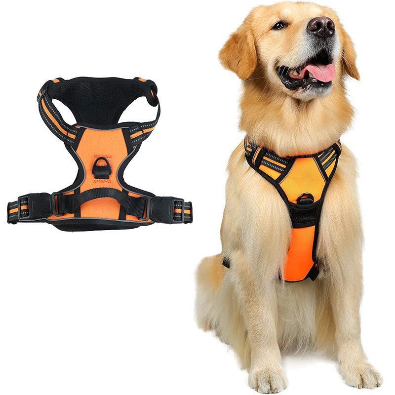 Wayloa Anti-Pull Dog Harness in orange, shown alone and worn by a golden retriever