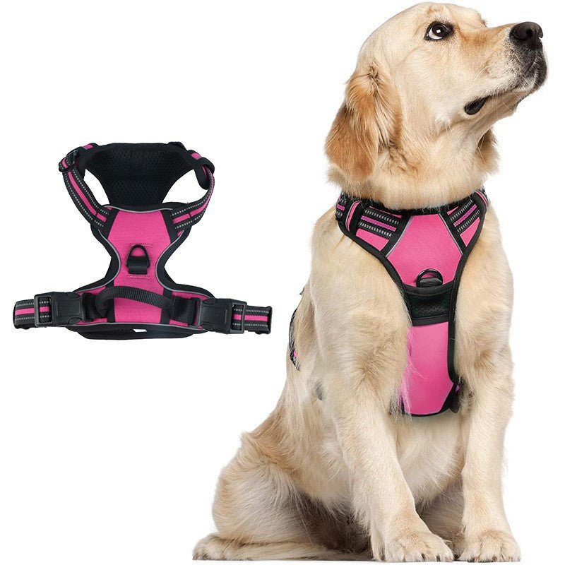 Wayloa Anti-Pull Dog Harness in pink, shown alone and worn by a golden retriever