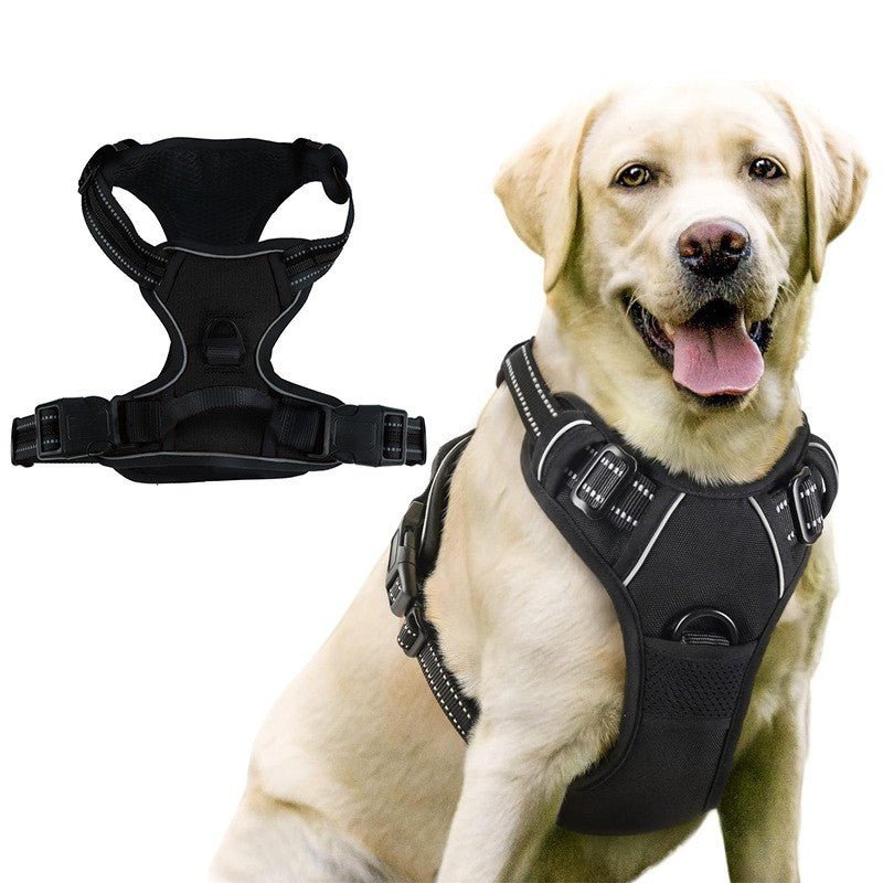 Wayloa Anti-Pull Dog Harness in black, shown alone and worn by a Labrador