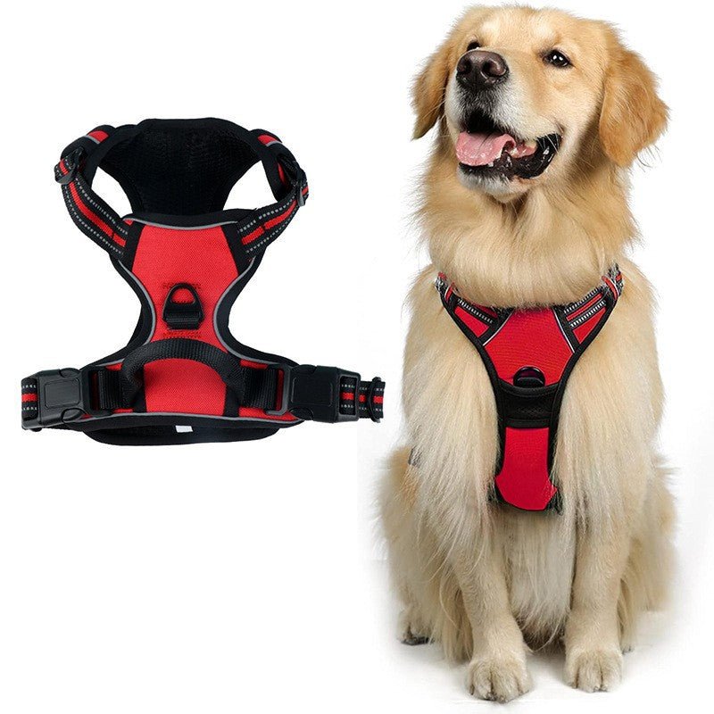 Wayloa Anti-Pull Dog Harness in red, shown alone and worn by a golden retriever