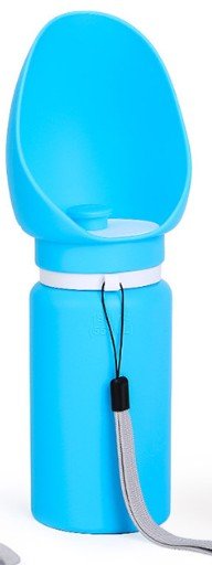 Wayloa Collapsible Dog Water Bottle in blue with carrying strap
