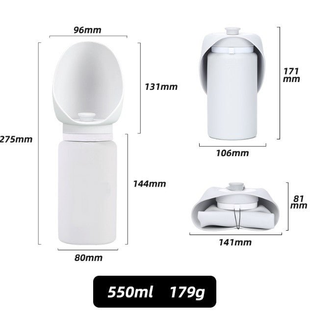 Wayloa Collapsible Dog Water Bottle dimensions: 550 ml, 179 g, open and folded sizes